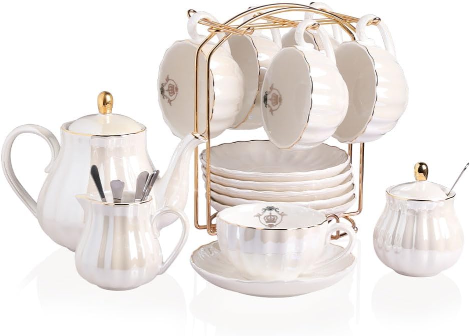 Porcelain Tea Sets British Royal Series, 8 OZ Cups& Saucer Service for 6, with Teapot Sugar Bowl Cream Pitcher Teaspoons and tea strainer for Tea/Coffee (Coral White)