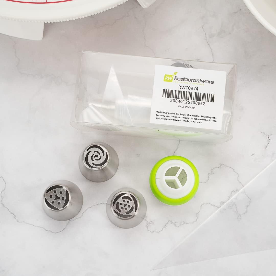 Restaurantware Pastry Tek Russian Piping Tips Set 18 Piece Durable Cake Decorating Kit - 7 Piping Tips 10 Piping Bags Stainless Steel Piping Bags And Tips Set 1 Tri-Color Coupler