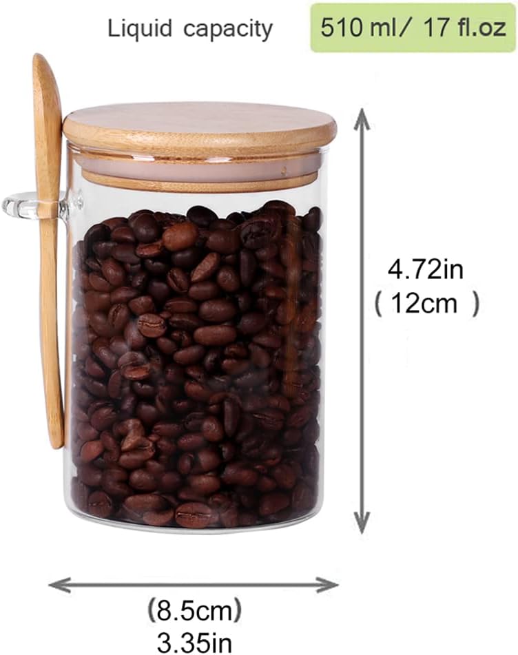 Glass Jars with Bamboo Lids and Spoon, 17 OZ Set of 3 Small Glass Sugar Container with Wooden Lids and Scoop, Coffee Tea Jars for Loose Tea, Coffee Bar Containers