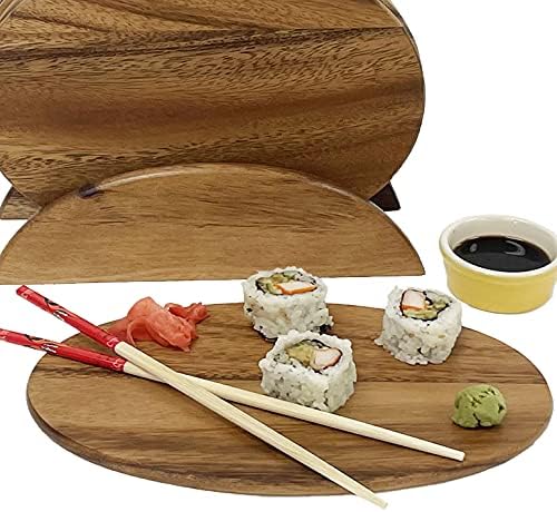 6 Acacia Wood Serving Boards with Stand, Perfect for Serving, Sushi, Cheese, Hors d'oeuvre, Charcuterie, Sandwiches by Woodard & Charles, 7 Piece Set, 9 1/2" x 6 1/2" ★★PACK OF 10★★