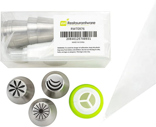 Restaurantware Pastry Tek Russian Piping Tips Set 20 Piece Durable Cake Decorating Kit - 9 Piping Tips 10 Piping Bags Stainless Steel Piping Bags And Tips Set 1 Tri-Color Coupler