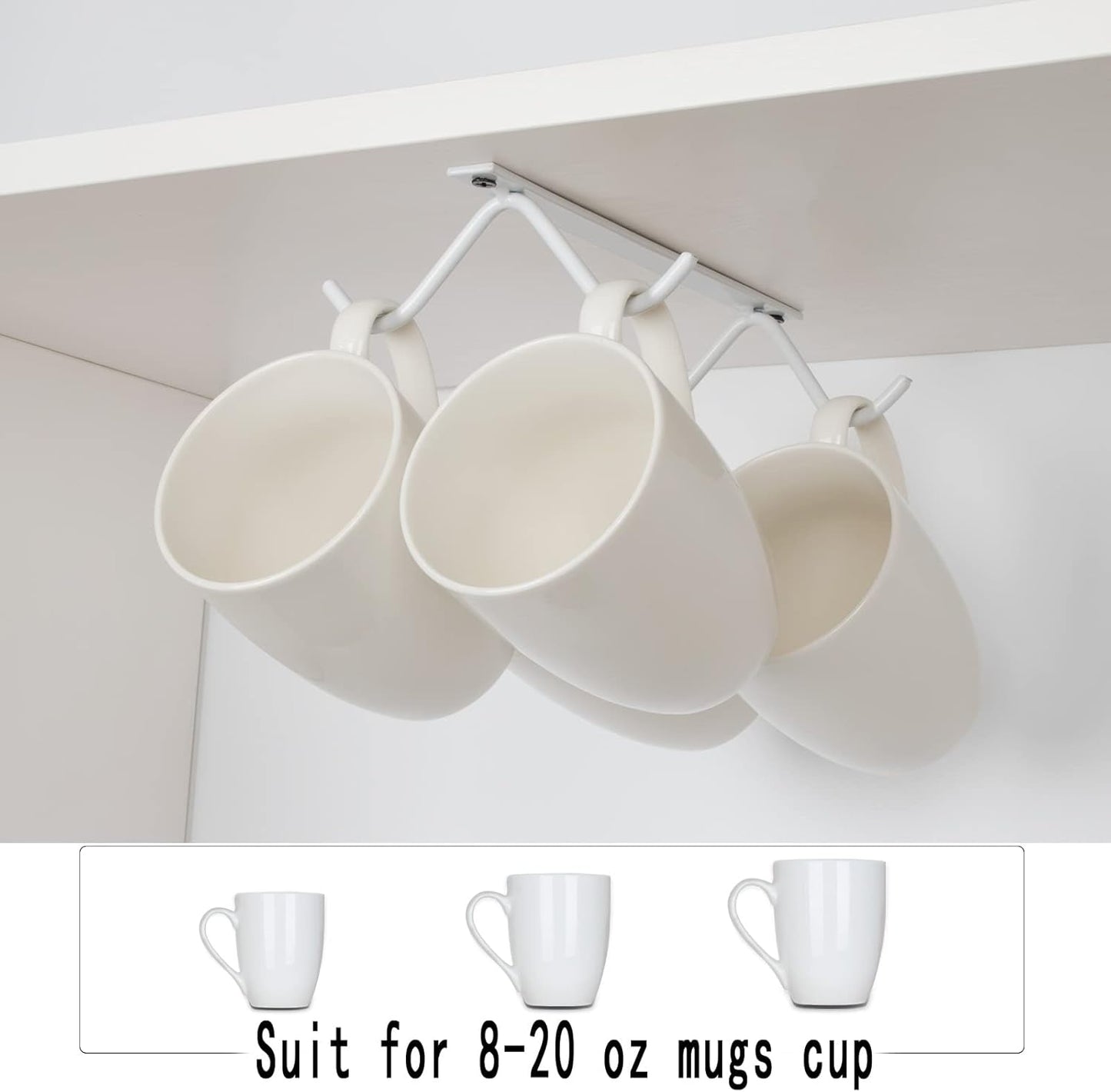 Cabinet Hook Mug Holder - Hanging Coffee Cup Rack for Kitchen, Under Cabinets Metal Hangers Organizer Shelf Storage Utensil (White)