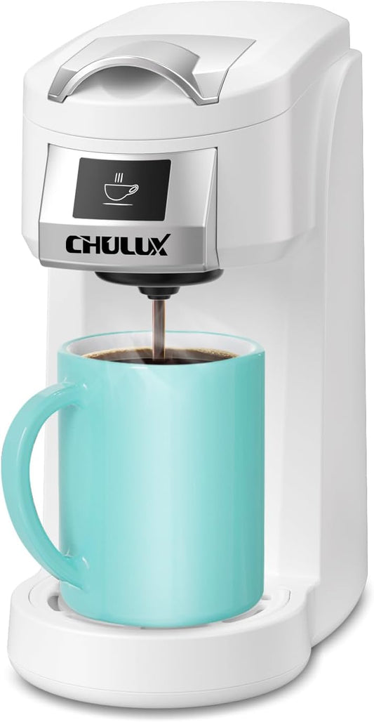 CHULUX Classic Single Serve Coffee Maker for K Cup, One Button Easy Coffee Machine for Office, RV, Travel and Dorm, White