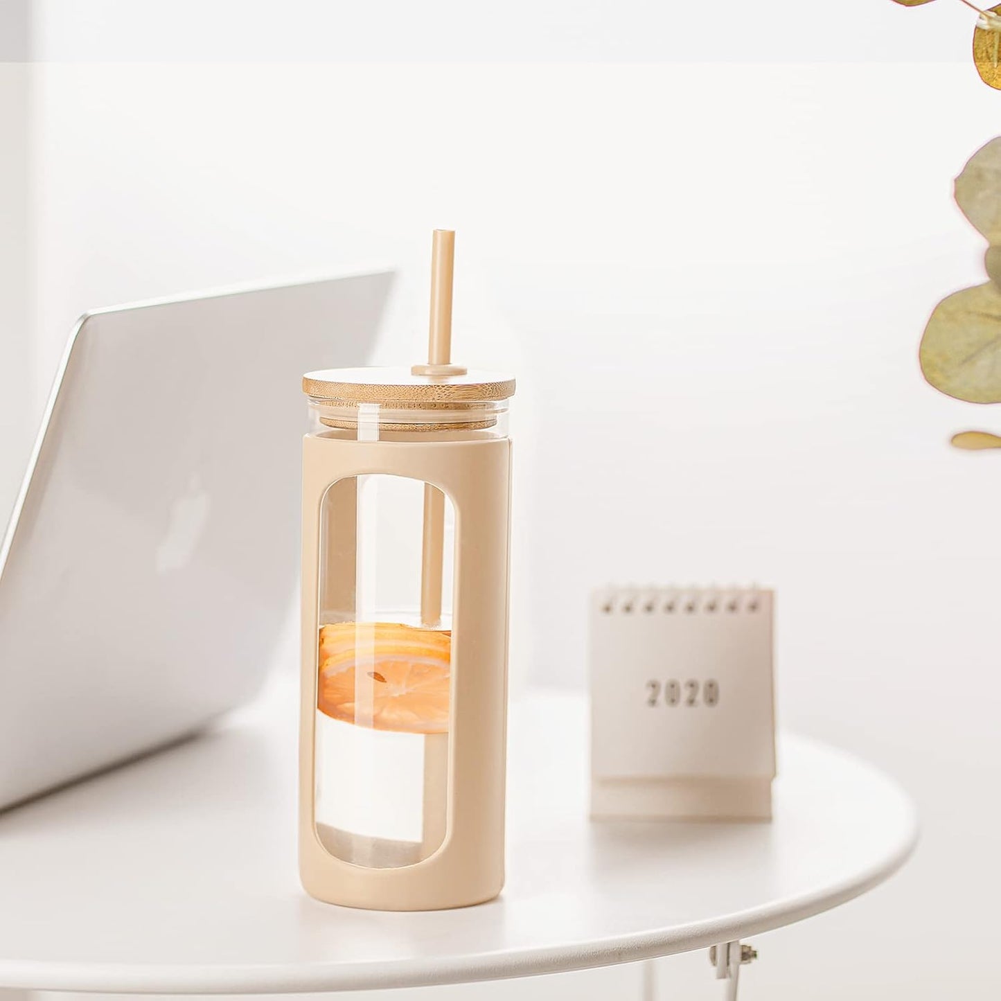 Kodrine 20oz Glass Tumbler with Straw and Lid, Iced Coffee Cups with Bamboo Lids, Glass Cups for Cold Drinks, Smoothie Cup with Silicone Sleeve for Travel, Work, BPA FREE-Oatmeal