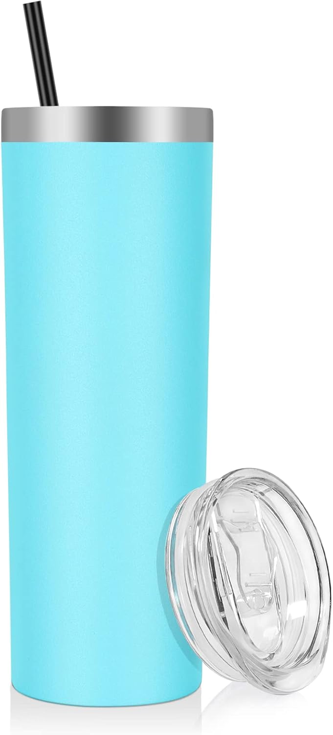 VEGOND Stainless Steel Skinny Tumbler, 20 oz Vacuum Insulated Tumbler with Lid and Straw, Double Wall Coffee Cup, Travel Mug for Cold Hot Drinks, Blue 1 Pack
