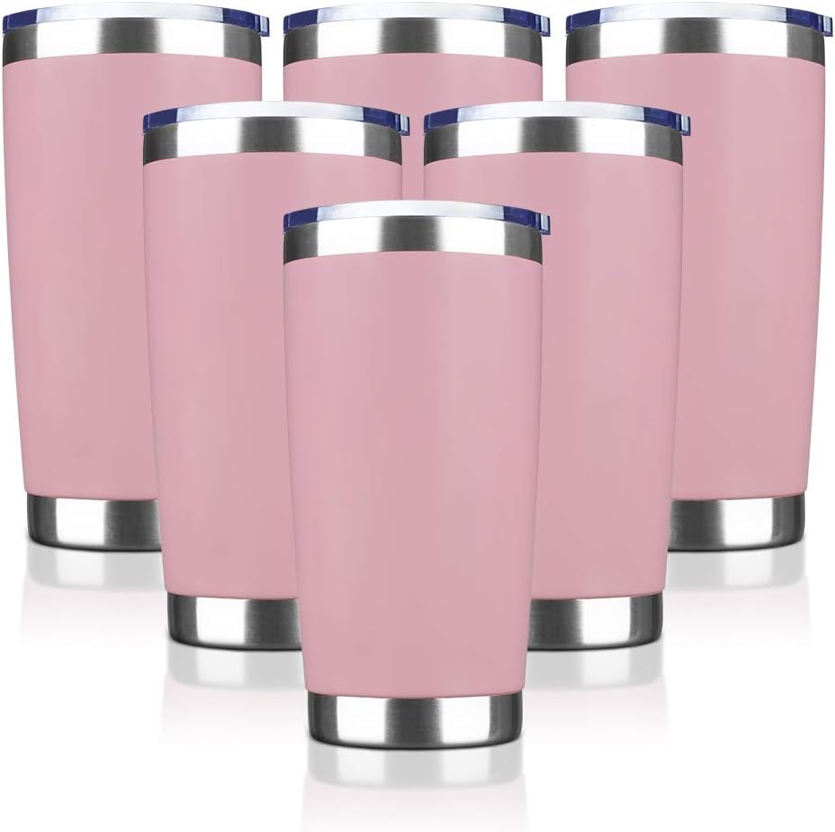 20oz Tumbler Stainless Steel Vacuum Insulated Mug with Lid, Double Wall Travel Mug, Durable Powder Coated Coffee Cup, Suitable for Ice Drinks and Hot Beverage (Pink 6pack)