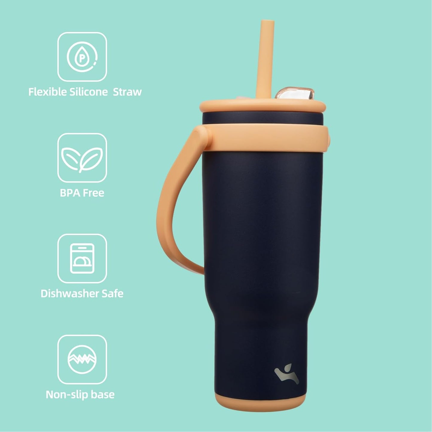 40 oz Tumbler with Side Handle, Insulated Water Bottle with Straw and 2 in 1 Lid, Stainless Steel Cup Travel Coffee Mug for Sports Office Gym,Navy Blue