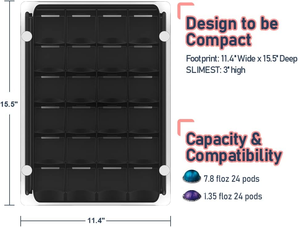 EVERIE 3'' SLIM Crystal Tempered Glass Organizer Drawer Holder Compatible with Nespresso Vertuo Capsules, Compatible with 24 Vertuoline Pods, NP06