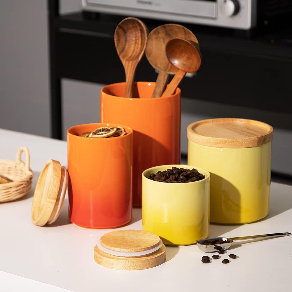 Sweejar Ceramic Food Storage Jar, Stackable Kitchen Canisters, Containers with Airtight Seal Wooden Lid for Serving Coffee Bean, Flour, Tea, Cookies, Spice and More - 58 Fl Oz (Gradient Orange)