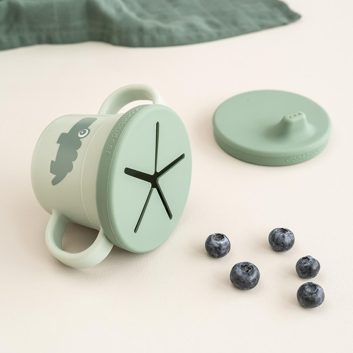 Done by Deer Foodie Spout & Snack Cup Croco Green – Spill-Proof Toddler Cup with Soft Silicone Lid – Durable, Easy to Clean, and Perfect for 6-Month-Olds