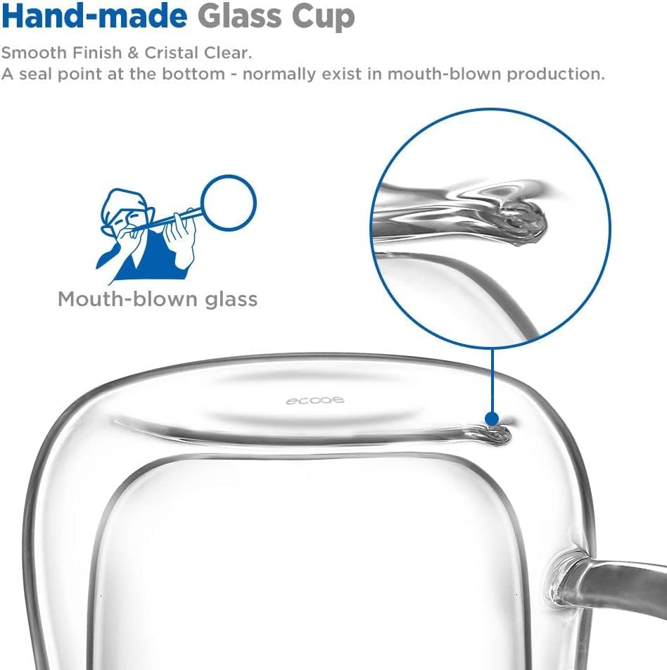 ecooe 12 oz Double Walled Glass Coffee Mug Latte Cappuccino Cups Set of 2, Clear Glass Coffee Cups with Handle, Insulated Coffee Cup Borosilicate Heat Resistant Double Wall Glass Coffee Mug Tea Cups