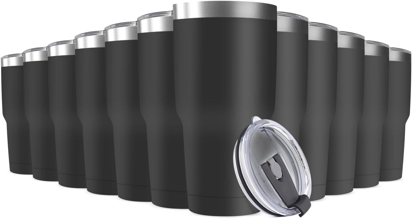 30oz Stainless Steel Travel Mug with Lid, 12 Pack Double Wall Vacuum Insulated Bulk Tumbler, Powder Coated Coffee Cup Suitable for Vehicle Cup Holders (Black)