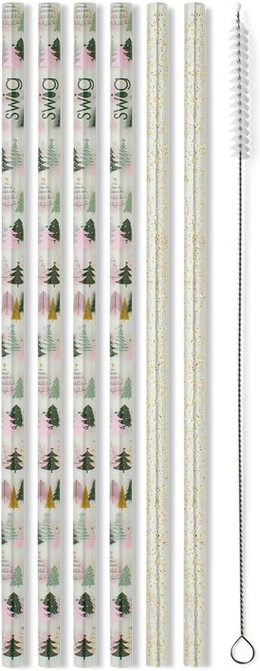 Swig Life Reusable Straws Tinseled Trees + Gold Glitter Tall Straw Set & Cleaning Brush, Each Straw is 10.25 inch Long (Fits Swig Life 20oz Tumblers, 22oz, and 32oz Tumblers)
