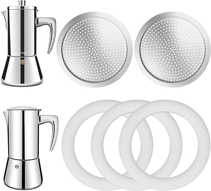 2 Pcs Filter with 3 Pcs Silicone Gasket Seals for 4 Cup Stovetop Espresso Coffee Maker Replacement Parts for 304 Stainless Steel Moka Pot