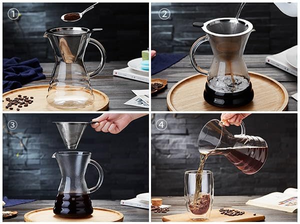 Unbreakable - Pour Over Coffee Maker with Permanent Stainless Filter 32 fl oz, Thickened Heat-Resistant Borosilicate Glass Dripper Coffee Brewer, Stovetop Safe, Ink