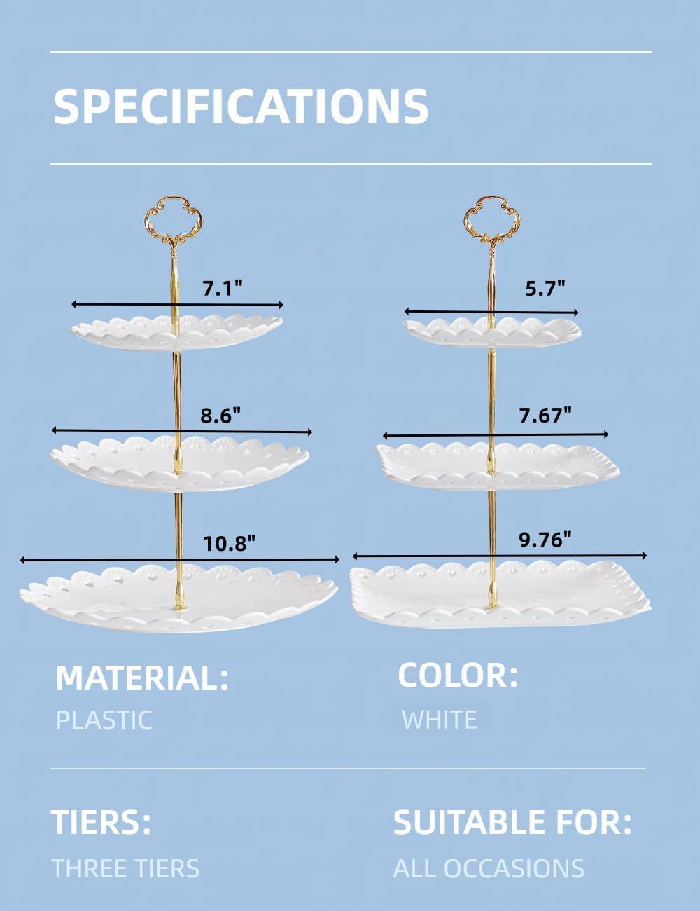 RAUVOLFIA 2 Pack of Plastic Round & Square Dessert Cupcake Stand, 3 Tier Cup Cake Holder Tower for Tea Party/Birthday/Wedding, Plastic Tiered Serving Tray (White)