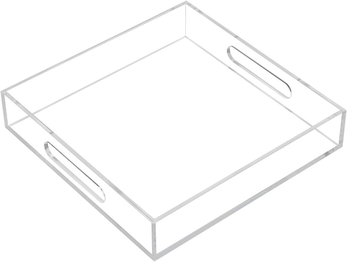 Clear Sturdy Acrylic Serving Tray with Handles - 10x10Inch - Coffee, Appetizer, Breakfast, Butler Tray - Kitchen Countertop & Vanity Table Organizer
