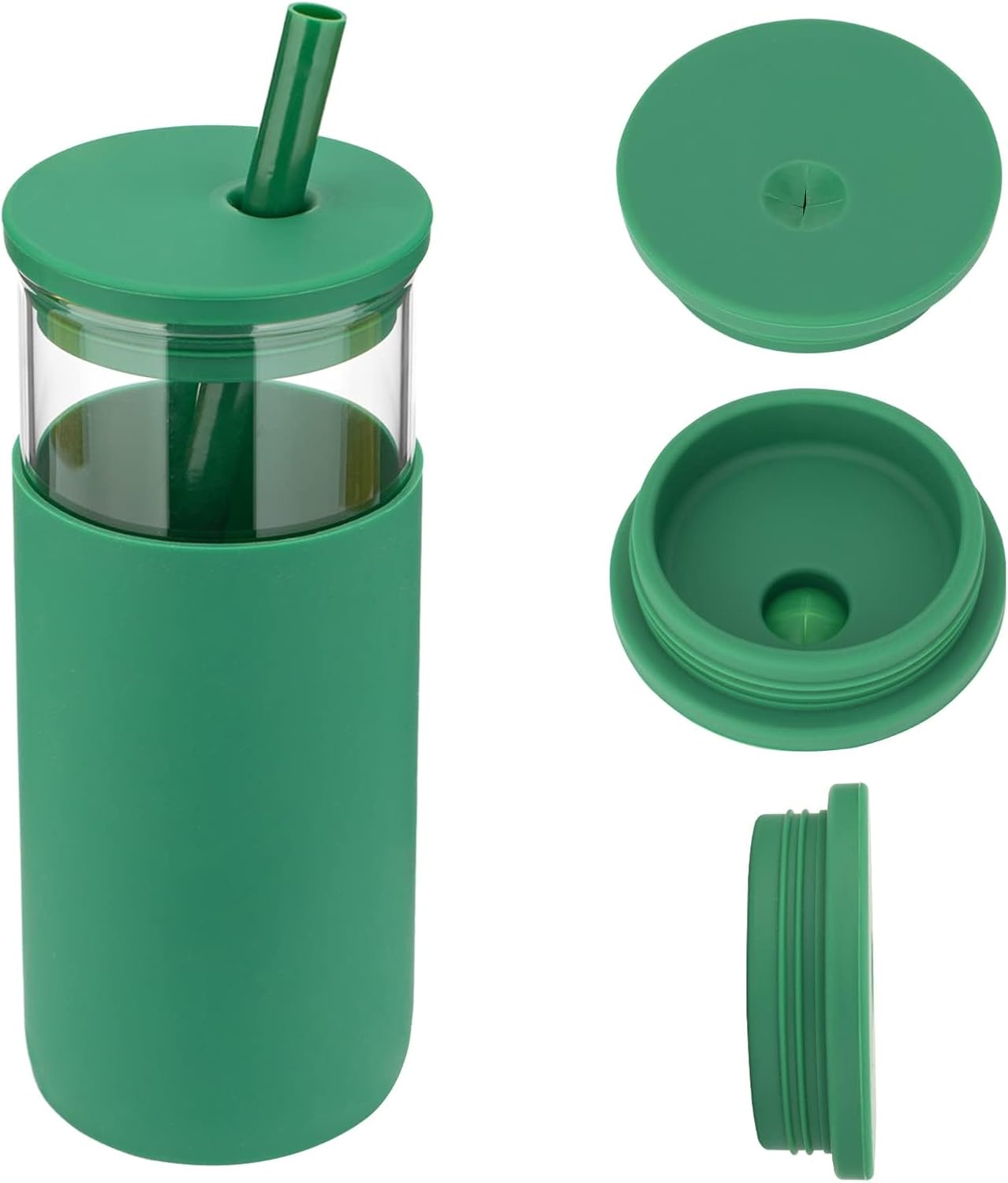 Tronco 20 oz Glass Tumbler With Lids and Straws, Reusable Smoothie Cups With Silicone Lid, Iced Coffee Cup With Silicone Protective Sleeve, Dishwasher Safe- BPA Free（Blackish Green 1 Count）