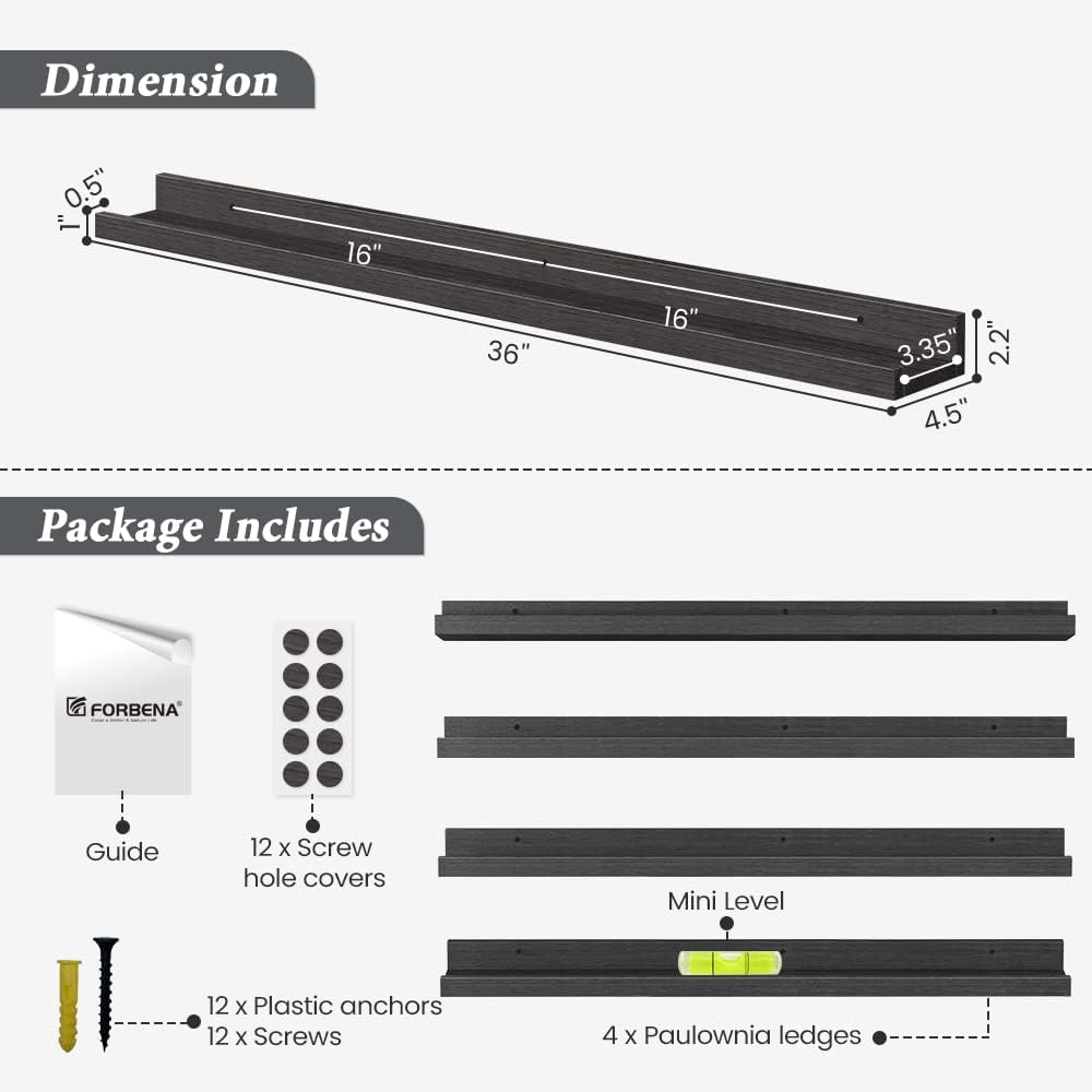 Forbena 36 Inch Photo Picture Ledge Shelf Set of 4, Black Floating Shelves with Lip for Wall, Narrow Long Wood Wall Shelf for Living Room Bedroom Office Classroom Library Books Album Frames Art Decor