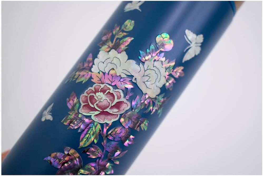 Mother of Pearl Design Stainless Steel Water Bottle 10.1 oz Leakproof Screw Cap Wide Mouth Double Wall Vacuum Insulated Travel Sport Water Flask Thermo Mug (Peony Blue)