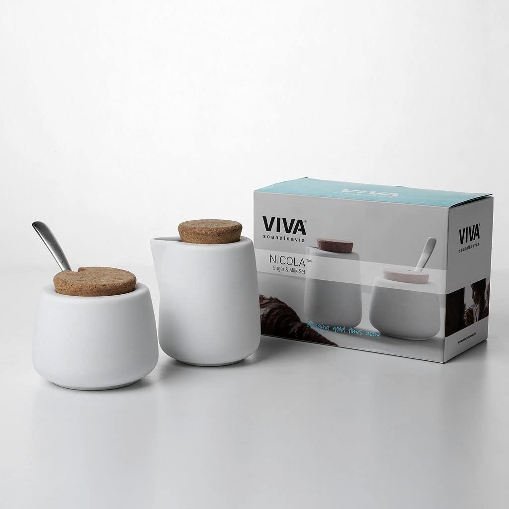 Viva Nicola White Sugar and Creamer Set, Porcelain Coffee and Tea Serving Set - Cream Pitcher and Sugar Bowl with Cork Lid and Metal Spoon, 7oz / 200ml Milk and Sugar for Coffee Bar