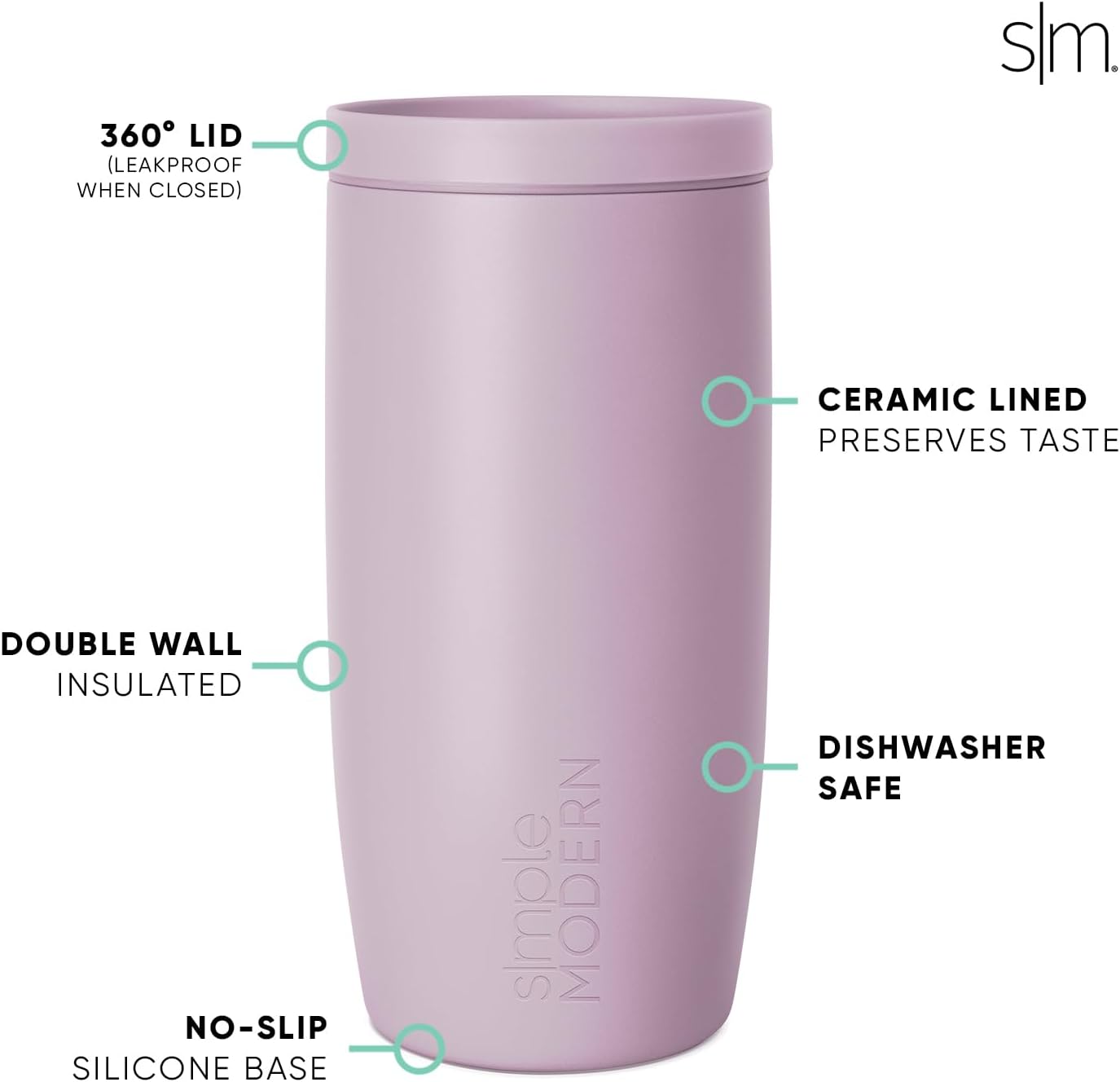 Simple Modern Travel Coffee Mug Tumbler with 360° Lid | Ceramic-Lined Insulated Stainless Steel Cold Brew Iced Coffee Cup | Gifts for Women Men Her Him | Voyager Signature | 16oz | Lavender Mist