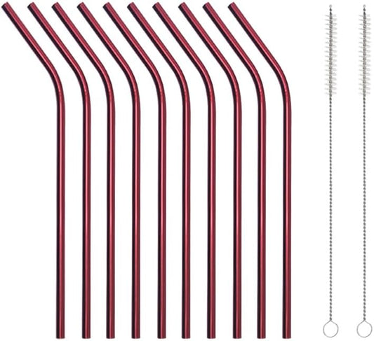 10 Pcs Stainless Steel Straws, Reusable Drinking Straws, Bent Metal Straw Sets with 2 Pcs Cleaning Brushes (Red, 8.5 Inch)