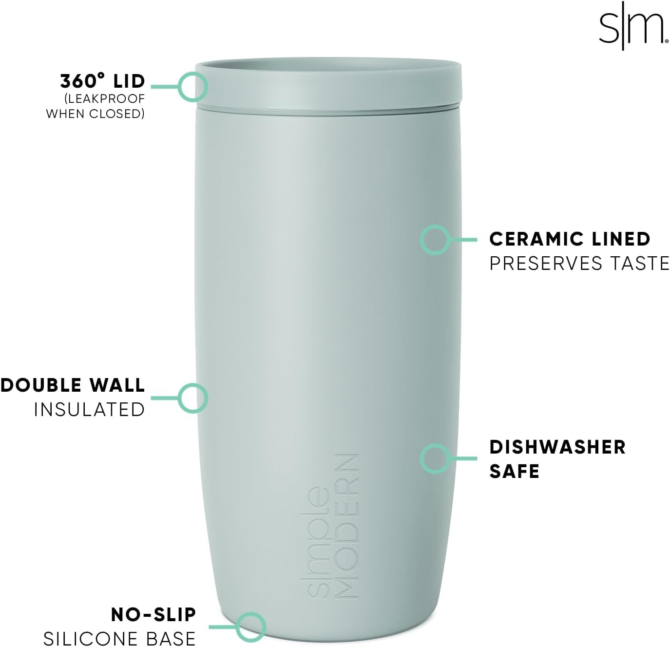 Simple Modern Travel Coffee Mug Tumbler with 360° Lid | Ceramic-Lined Insulated Stainless Steel Cold Brew Iced Coffee Cup | Gifts for Women Men Her Him | Voyager Signature | 16oz | Sea Glass Sage