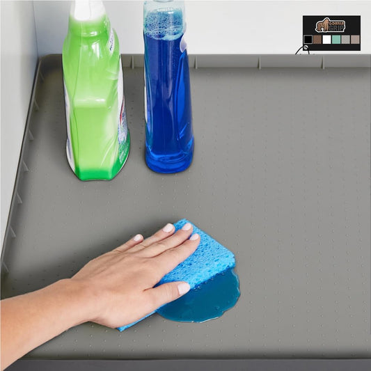 GORILLA GRIP Waterproof Silicone Under Sink Mat with Raised Lip for Kitchen and Bathroom, Cabinet Shelf Liner Stay in Place Mats Dishwasher Safe Drawer Liner, Organizer Tray, 19 x 34 in, Gray