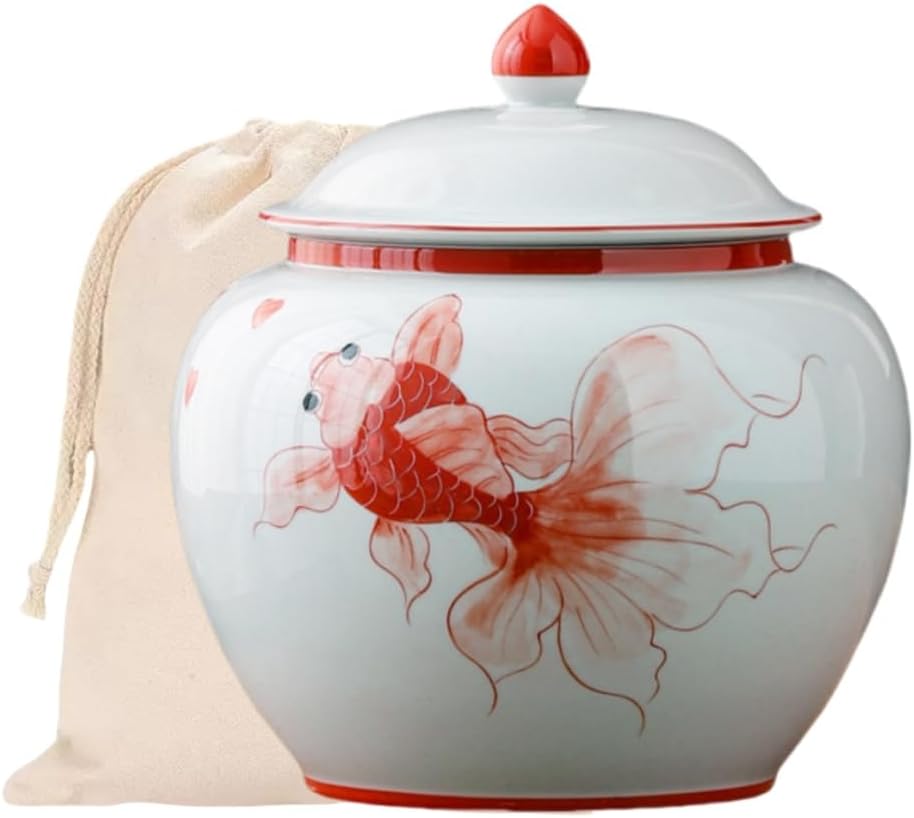 5 inches Ginger jar Lid - red fish decorative Ceramic Ginger jar vase with Lid， chinoiserie gift koi decor small jars for Home decor/jewelry/Tea/coffee beans/Storage