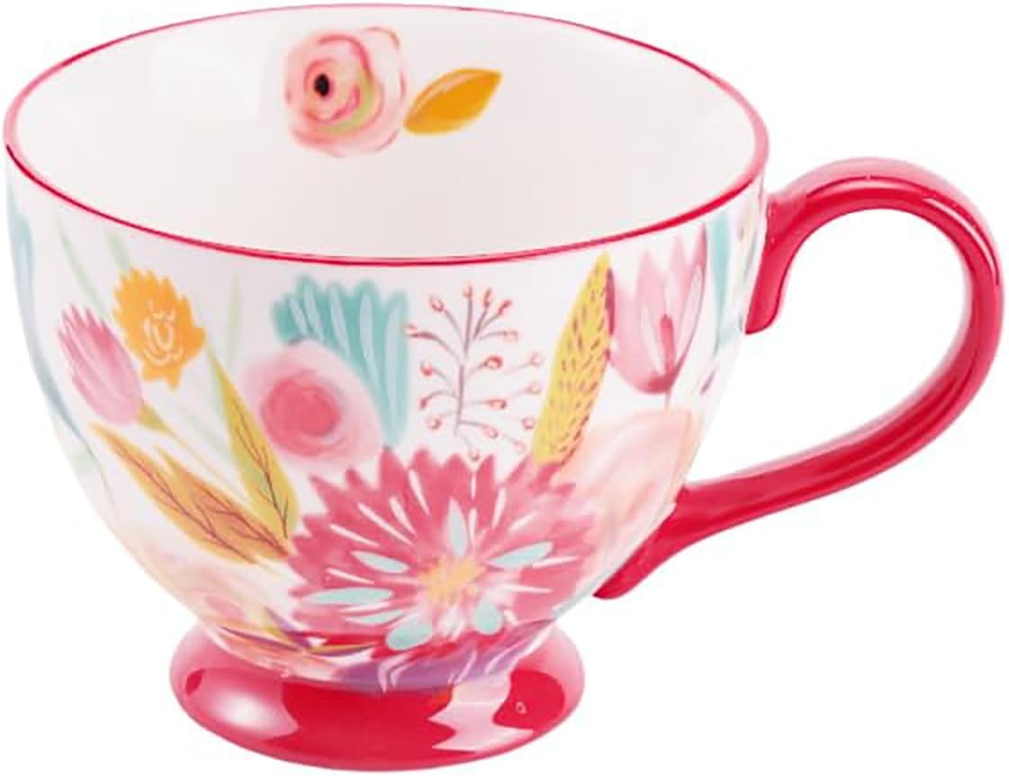 Vintage Flower Mugs – Large Ceramic Coffee Mug (15oz) – Cute Cereal Cup for Breakfast, Oatmeal Tea & Hot Drinks – Handmade Ceramic Cup with Floral Design