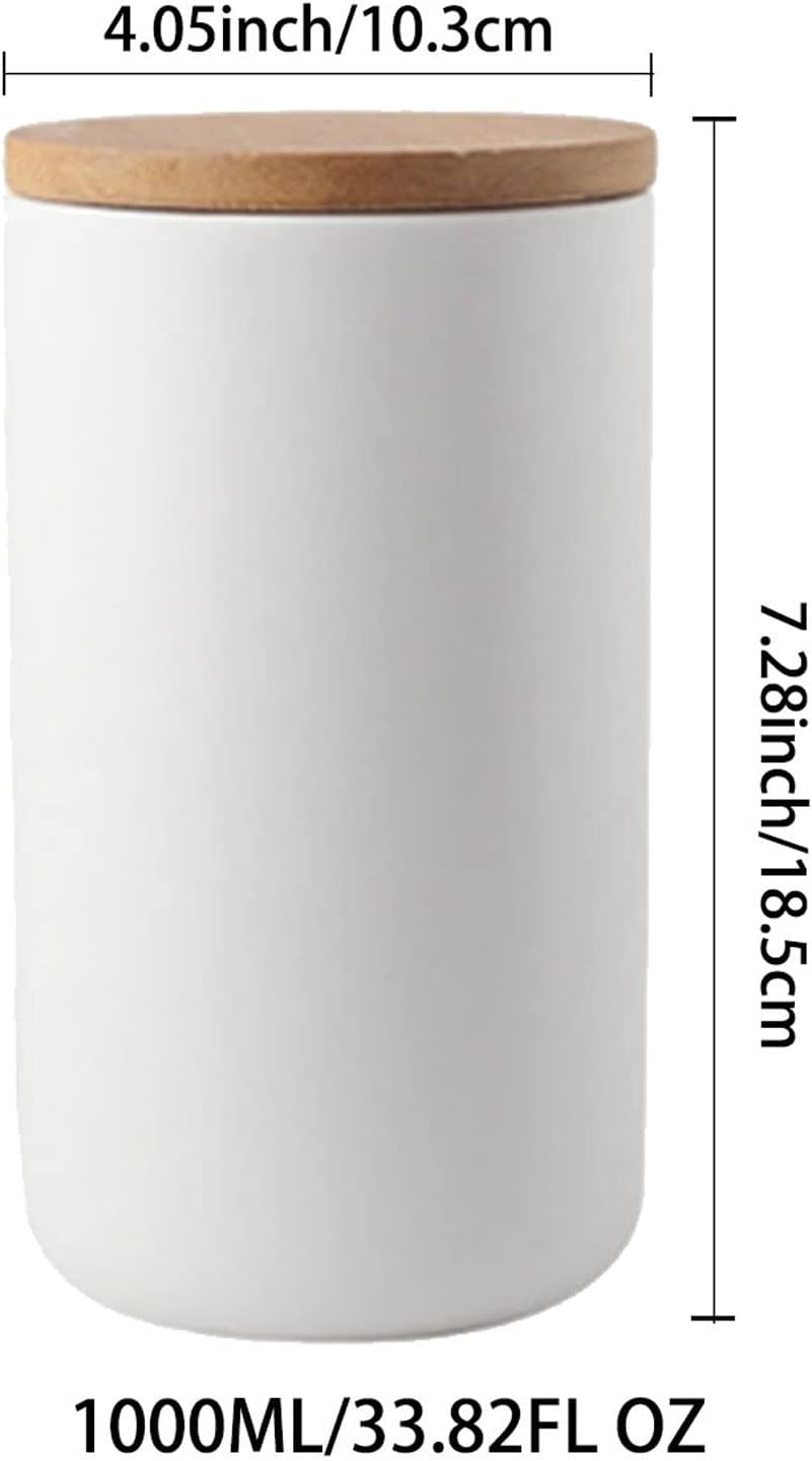 YYW Ceramics Food Storage Jar Canister with Airtight Seal Bamboo Lid, Simple Style Kitchen Canister for Food Storage, Store Coffee, Sugar, Tea, Spices and More (White (33.81oz/1000ml))