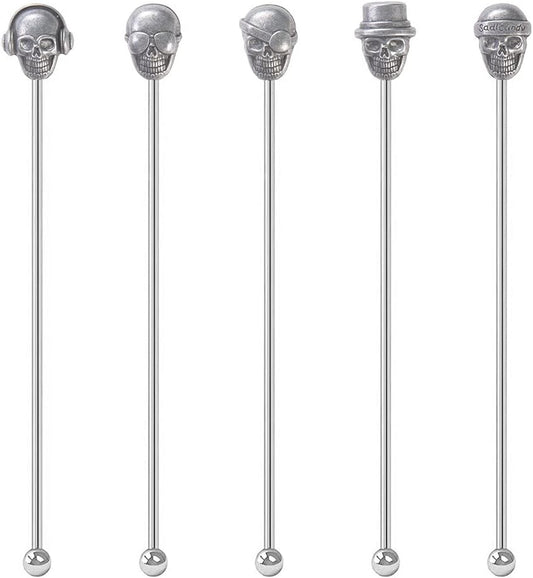 Skull Shape Swizzle Sticks, Reusable Stainless Steel Coffee Beverage Stirrers Cocktail, 5-Pack Drink Stir Sticks for Bar Party Home Office (Ancient Silver)