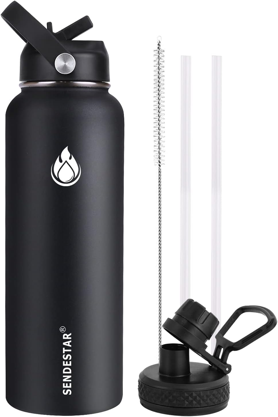 SENDESTAR Stainless Steel Water Bottle, Insulated Water Bottle 40 oz with New Straw Lid or Spout Lid Keeps Liquids Hot or Cold with Double Wall Vacuum Insulated Bottle (Black)