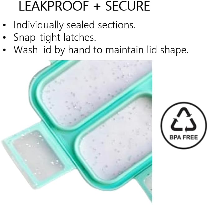 kinsho Glitter Bento Snack Containers with Lids, Mini Bento-box Lunch-Box for Toddler Daycare and Small Kids, Travel Meal Container, Leak-proof 2 pack Set, Pastel Blue + Teal Sparkle