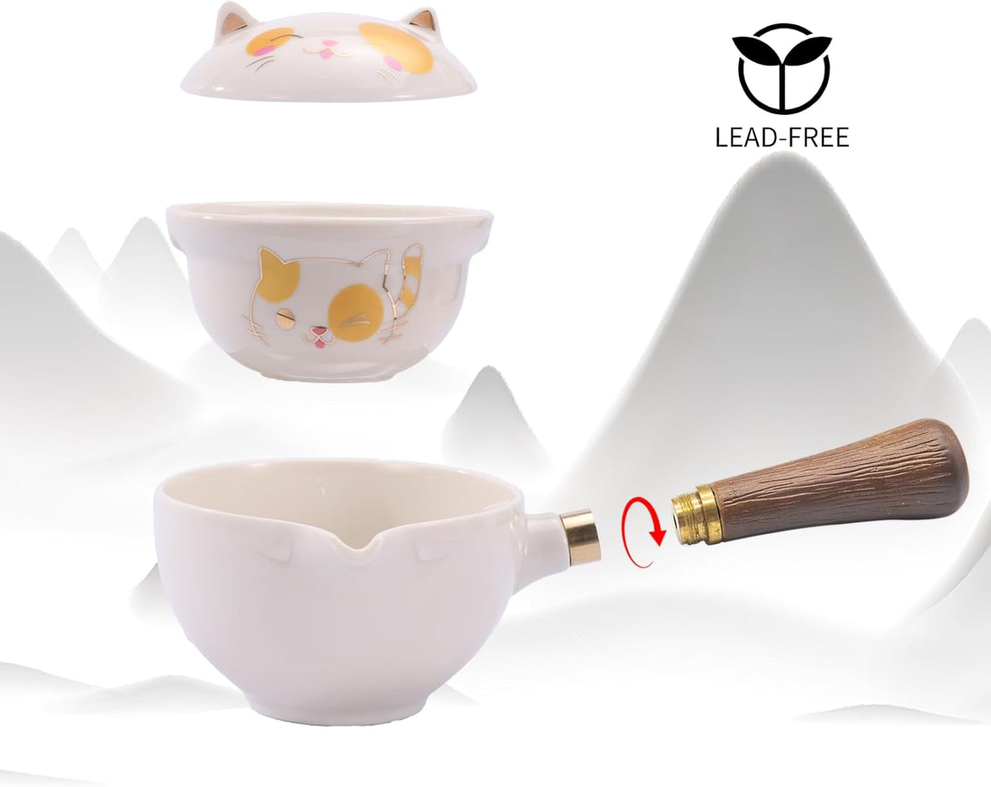 LURRIER Porcelain Chinese Gongfu Tea Set,Portable Teapot Set with 360 Rotation Tea maker and Infuser,Portable All in One Gift Bag for Travel,Home,Gifting,Outdoor and Office (Kitty Cat)
