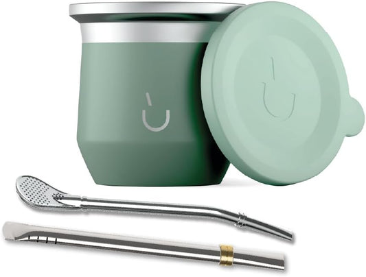 BALIBETOV Yerba Mate Cup – Vacuum Insulated Stainless Steel Gourd with Silicone Cover & Non-Slip Base – Includes 2 Bombillas & Cleaning Brush – Unique Design, Easy to Clean