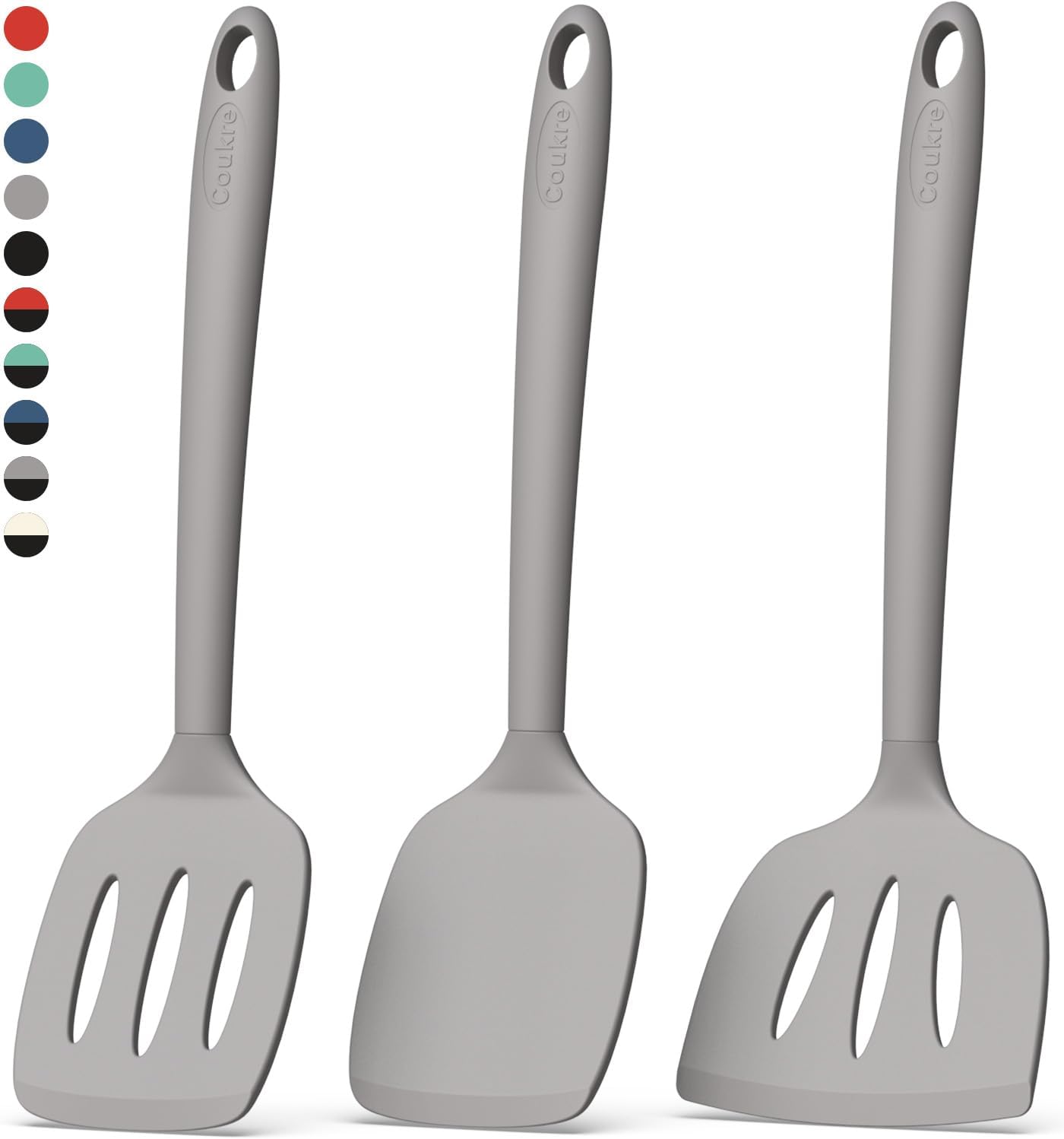 Coukre Silicone Spatula Set of 3, High Heat Resistant, BPA-Free, Kitchen Utensils, Fish Spatula, Solid & Slotted Turner for Non-Stick Pans, Flipping Eggs, Pancakes, Fish, Burgers (3, PureGray)
