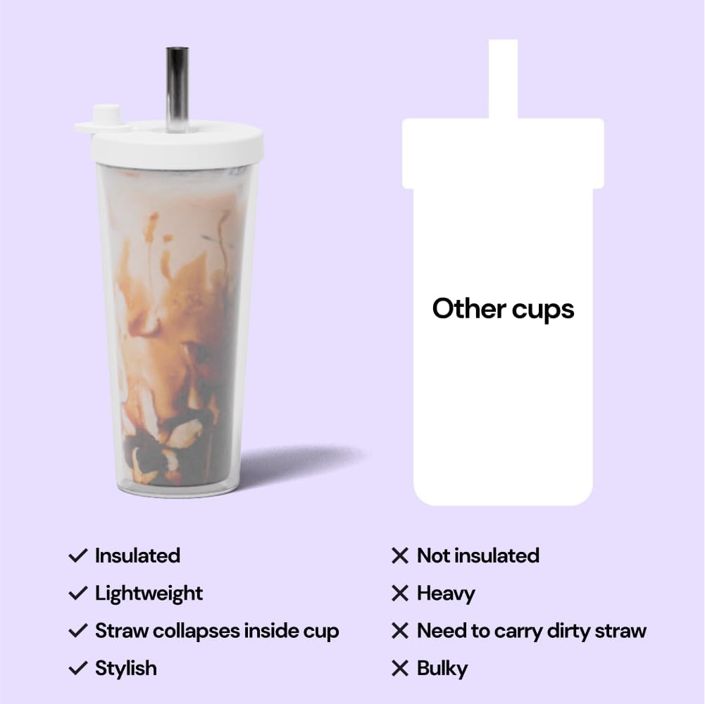 Reusable Boba Cup with Resealable Lid Plug - 17 Oz Double Wall Insulated | Smoothie Tumbler | Wide Stainless Steel Straw For Bubble Tea, Boba Pearls - White