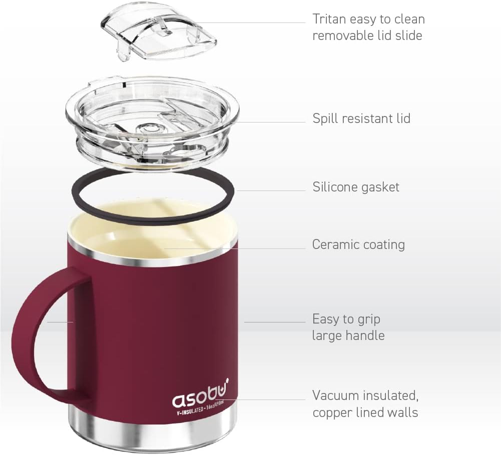 asobu Ultimate Ceramic Travel Mug, 12oz Insulated Stainless Steel Coffee Cup with Handle & Splash-Resistant Lid, Ceramic Lined for Pure Taste, BPA-Free, Double-Wall Vacuum for Hot Drinks