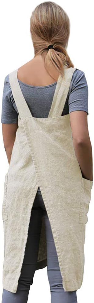 Women's Pinafore Square Apron Baking Cooking Gardening Works Cross Back Cotton/Linen Blend Dress with 2 Pockets