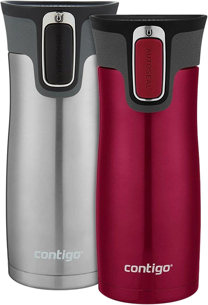 Contigo West Loop Stainless Steel Vacuum-Insulated Travel Mug with Spill-Proof Lid, 16oz 2-Pack, Very Berry & Steel Colors, Keeps Hot to 5h & Cold to 12h