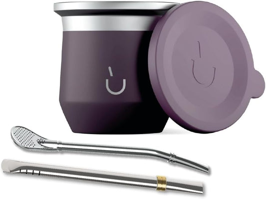 BALIBETOV Yerba Mate Cup – Vacuum Insulated Stainless Steel Gourd with Silicone Cover & Non-Slip Base – Includes 2 Bombillas & Cleaning Brush – Unique Design, Easy to Clean