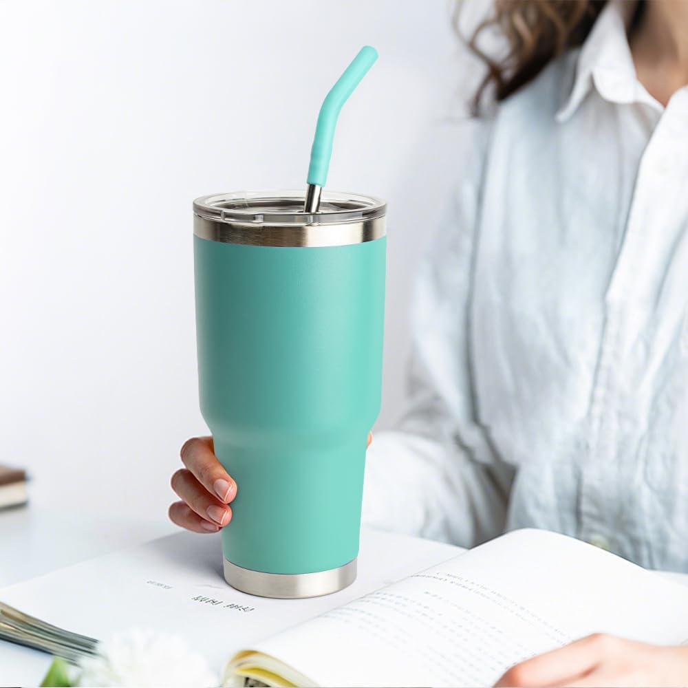 Metal Straws Reusable With Silicone Tips, 9.5" Stainless Steel Straight Drinking Straw for Yeti 30 oz Tumbler- 2 Cleaning Brushes & 1 Portable Bag