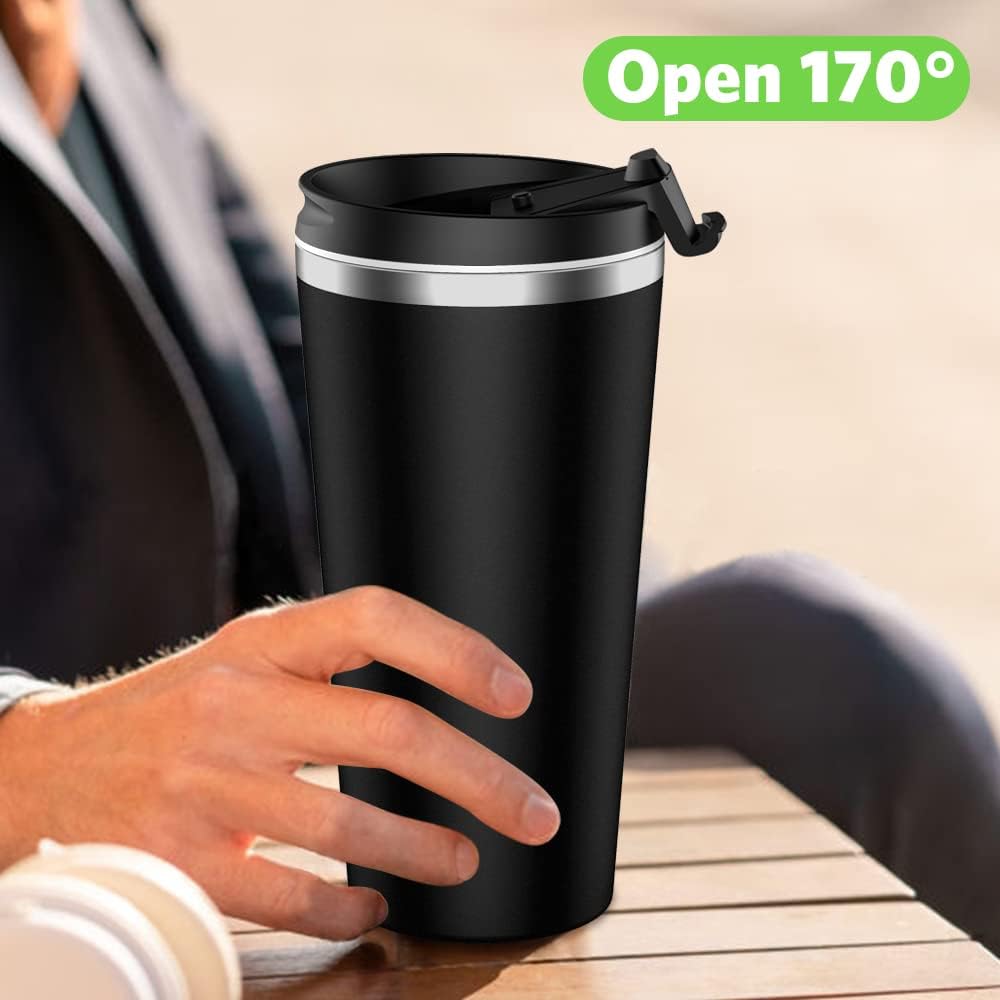 Insulated Coffee Mug with Ceramic Coating, 18oz Travel Mug with Leak-proof Lid, Vacuum Double-wall Tumbler, Stainless Steel Thermal Cup for Tea, Hot Cocoa, Cold Beverage, Ice Drinks