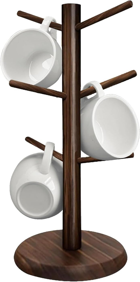 Wooden Mug Holder Tree, Coffee Cup Holder, Mug Organizer with 6 Hooks (Burnt)