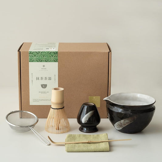 6-pcs Japanese Matcha Whisk Set with Handmade Wabi-Sabi Ceramic Bowl(Chawan),Bamboo Chasen, Whisk Holder, Scoop, Sifter & Tea Towel,Matcha Ceremony Kit,(Ink Cloud)