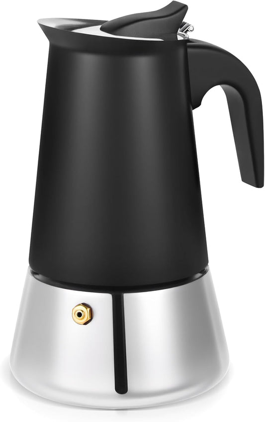 Moka Pot, 6 Cups (10.6 oz) Stovetop Espresso Maker, 304 Stainless Steel Moka Pot, Induction Compatible, Black