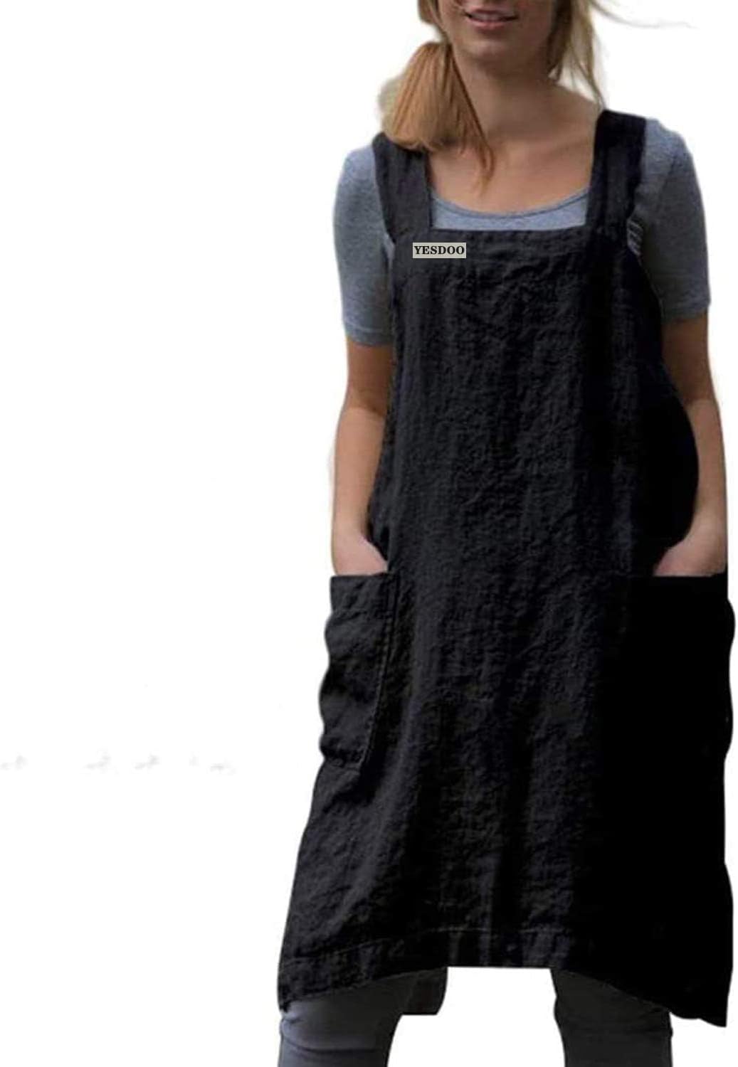 YESDOOD Cotton Linen Apron Cross Back Apron for Women with Pockets Pinafore Dress for Baking Cooking