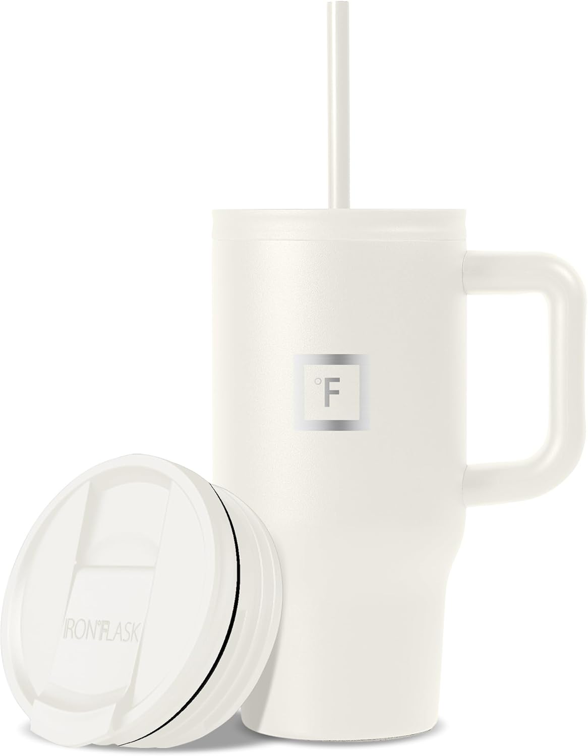 IRON °FLASK Co-Pilot Insulated Mug w/Straw & Flip Cap Lids - Cup Holder Bottle for Hot, Cold Drink - Leak-Proof- Water, Coffee Portable Travel Tumbler - Cashmere Cream, 16 Oz